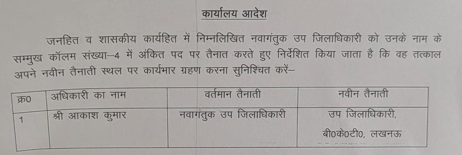 लखनऊ:- बख्शी का तालाब तहसील के एसडीएम होंगे आकाश कुमार ।